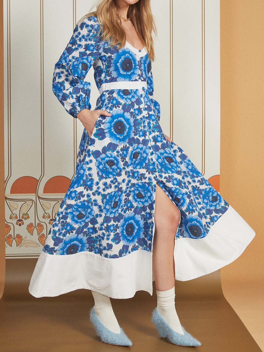 Scoop Neck Long Sleeve Printed Maxi Dress