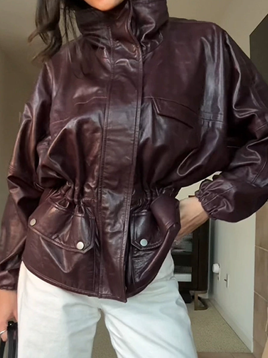 Stand Collar PU Elastic Cuffs Jacket