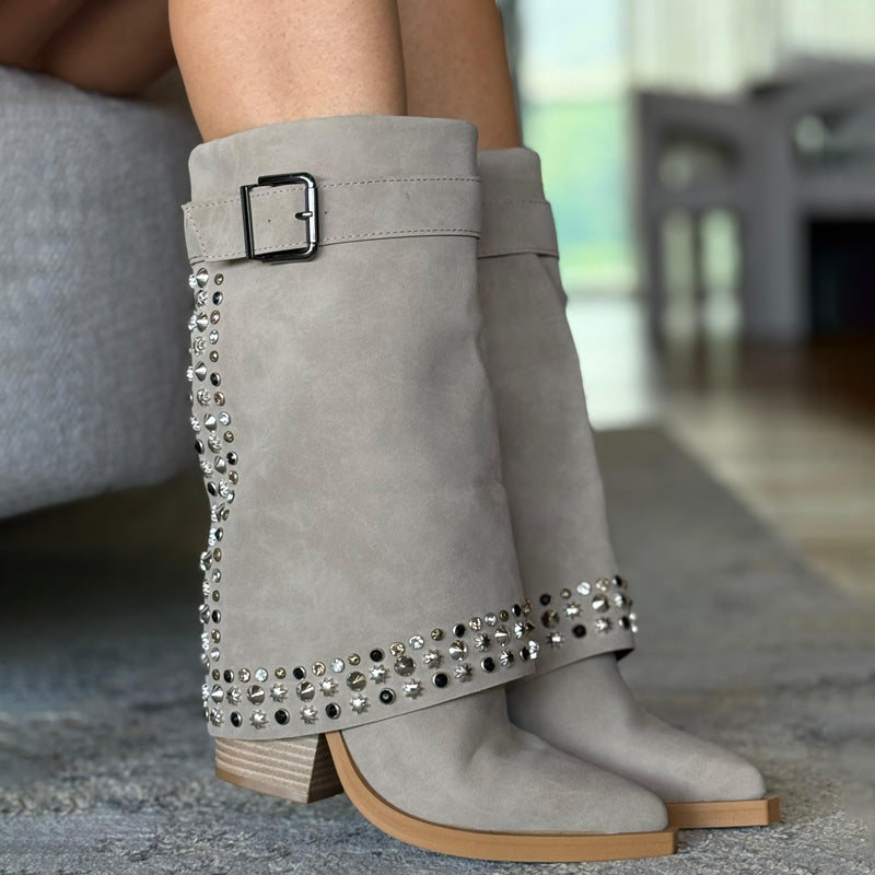 Glitter Appliquéd Block-heeled Boots