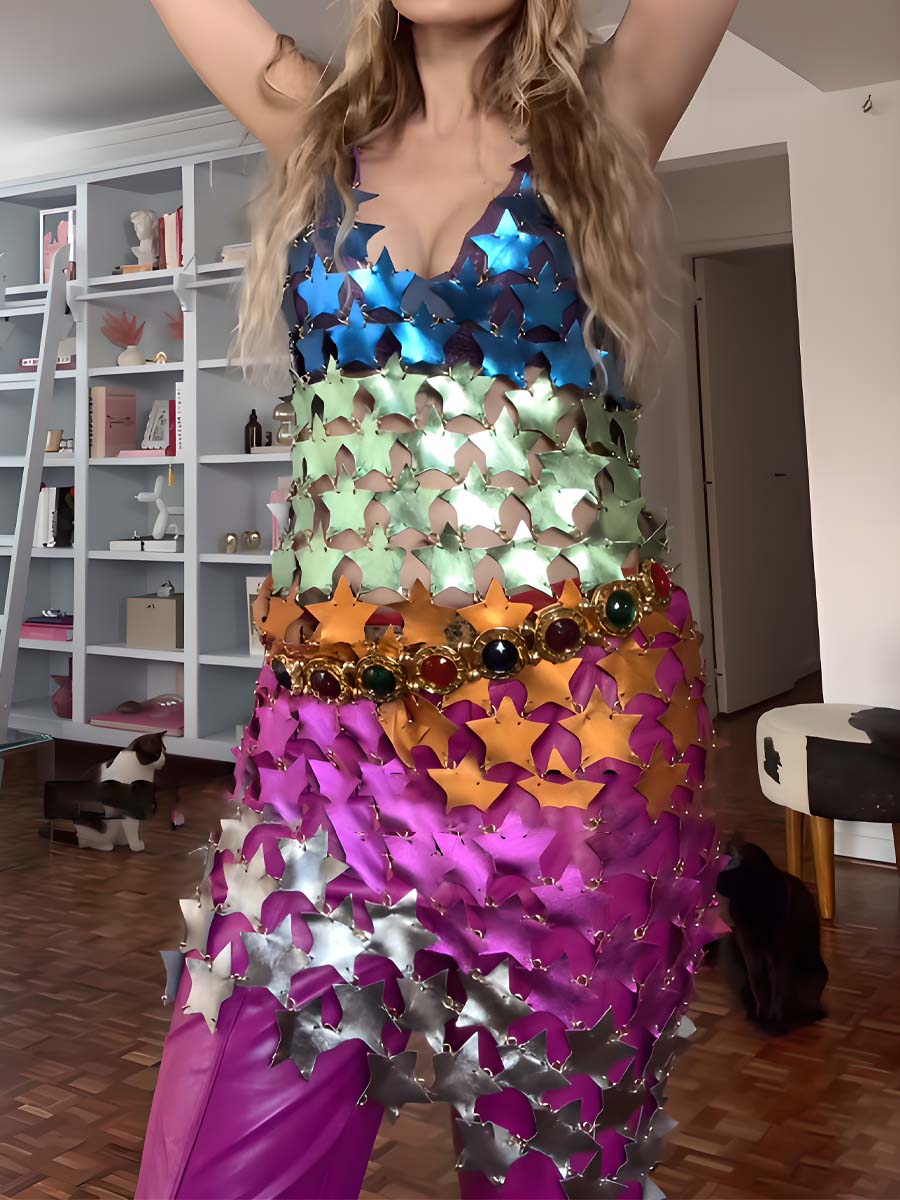 Multicolor Star Sequin Cutout Dress Top