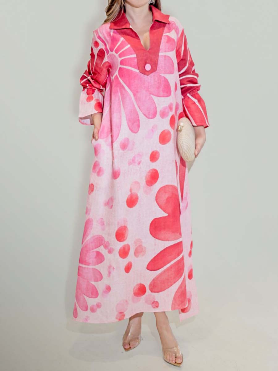 Printed Split Neck Slit Hem Loose Dress