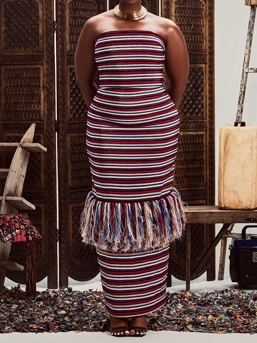 Striped Print Strappless Tassles Dress