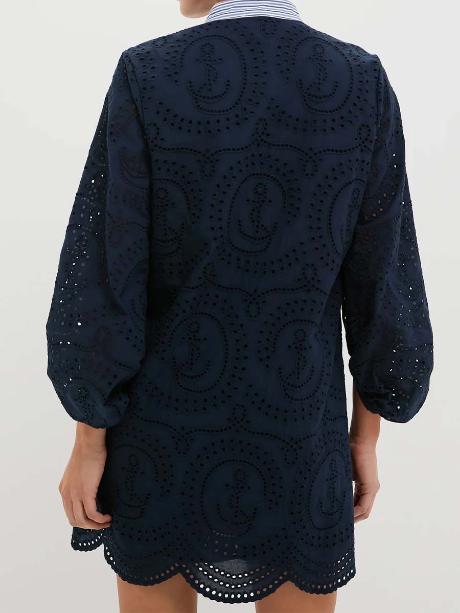 Mock Collar Patchwork Eyelet Mini Dress