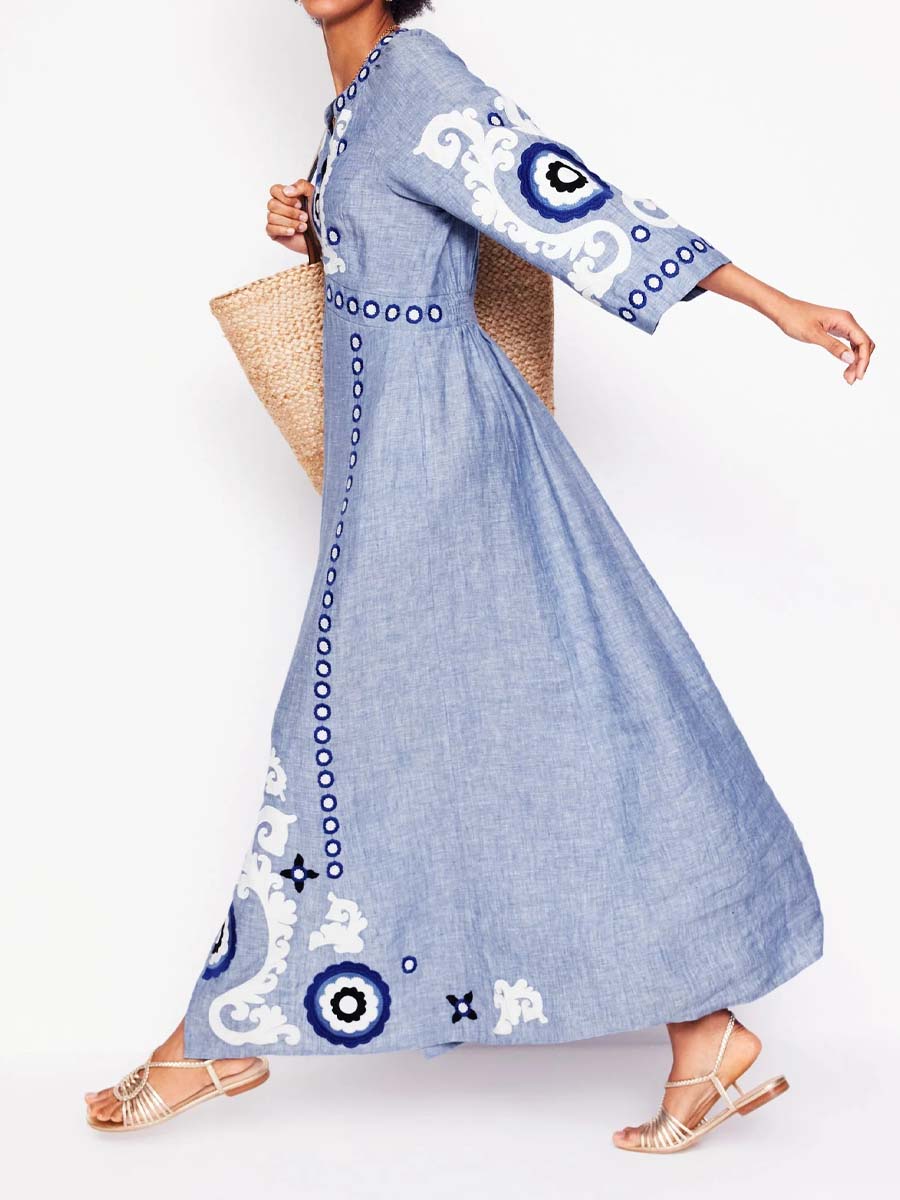 Split Neck Embroidered Maxi Dress