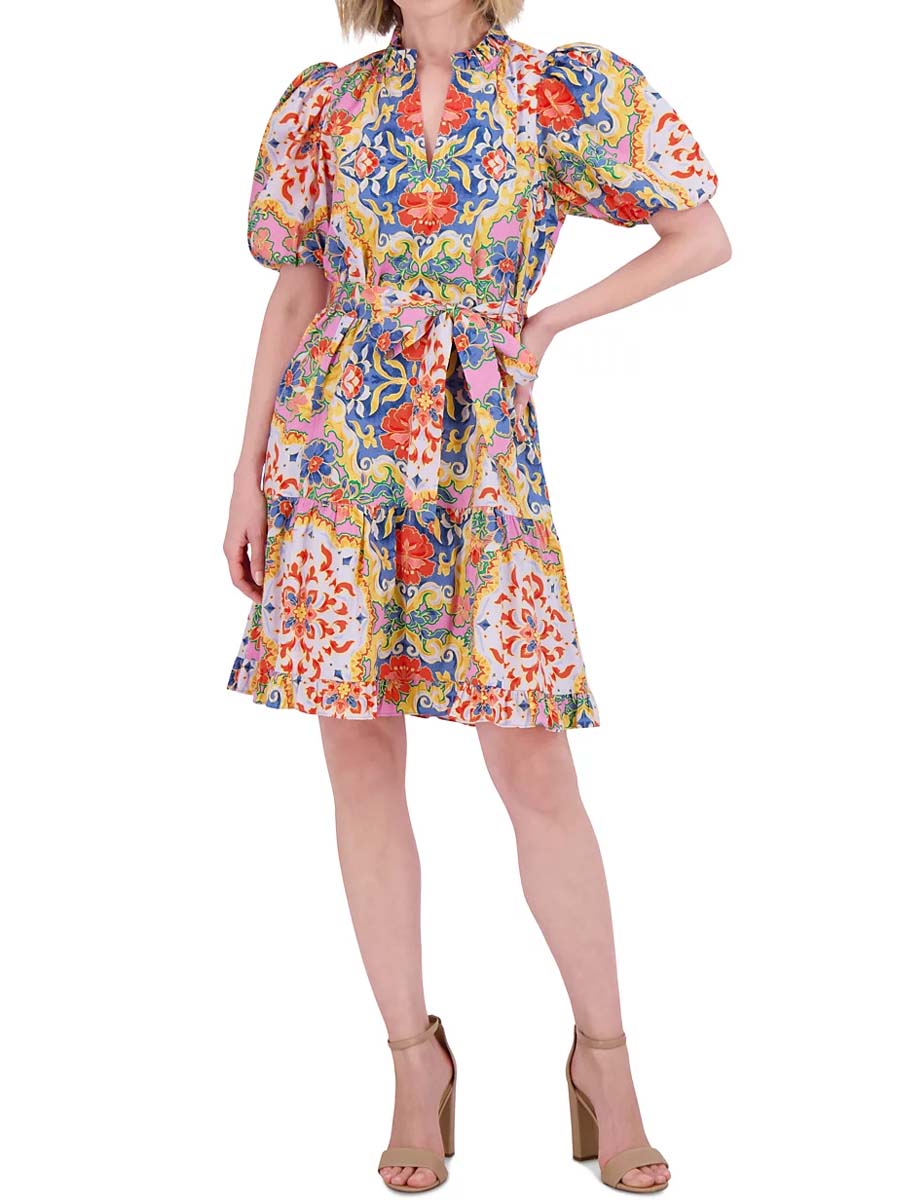 Floral Print V Neck Short Sleeve Tie Waist Dress