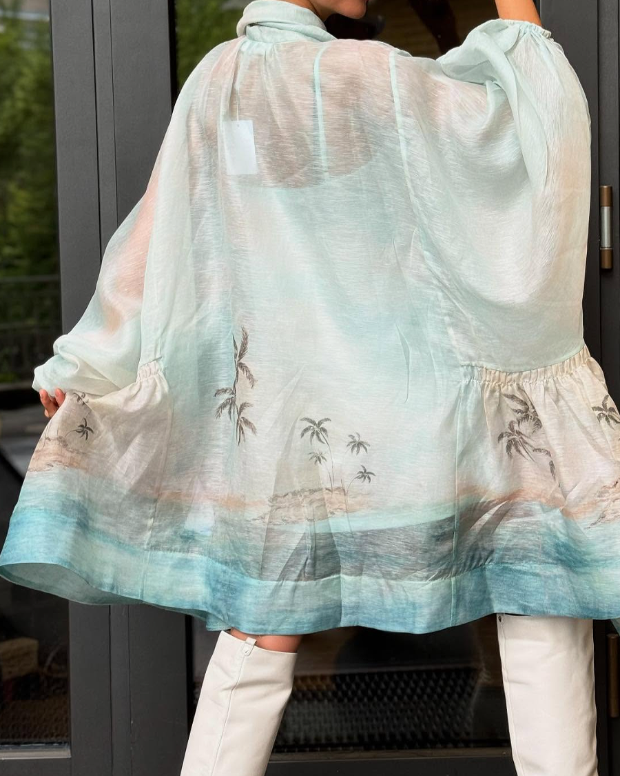 Bow Lantern Sleeves Sea View Coconut Print Dress