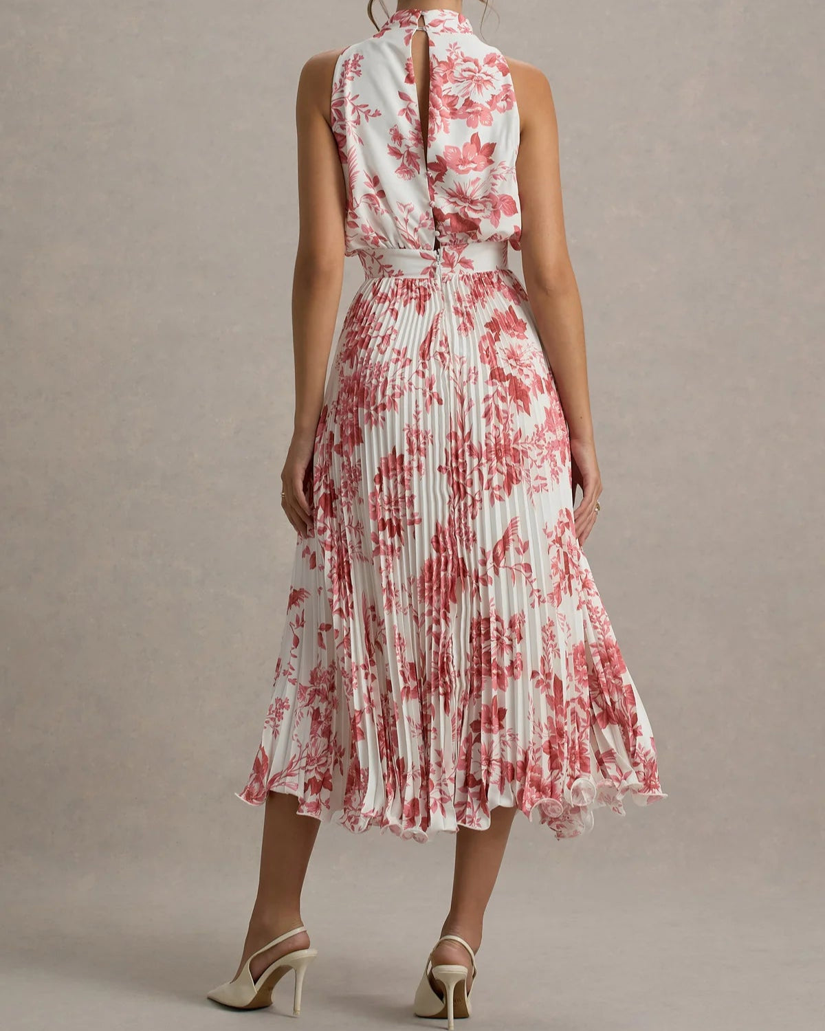 Floral Halter Neck Pleated Dress