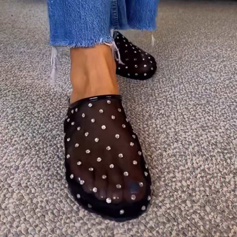Mesh Rhinestone Hollow Slippers