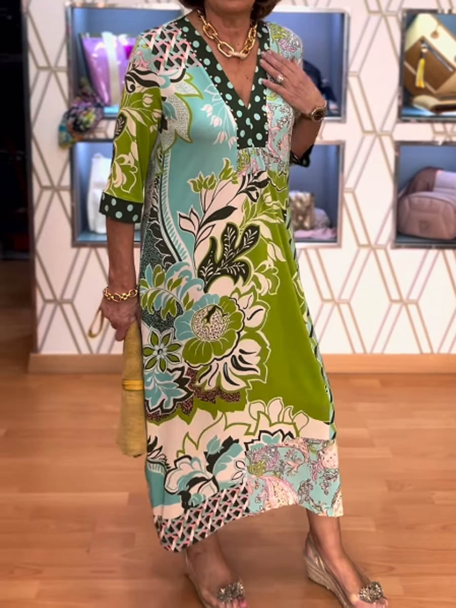 Printed 3/4 Sleeve V Neck Dress