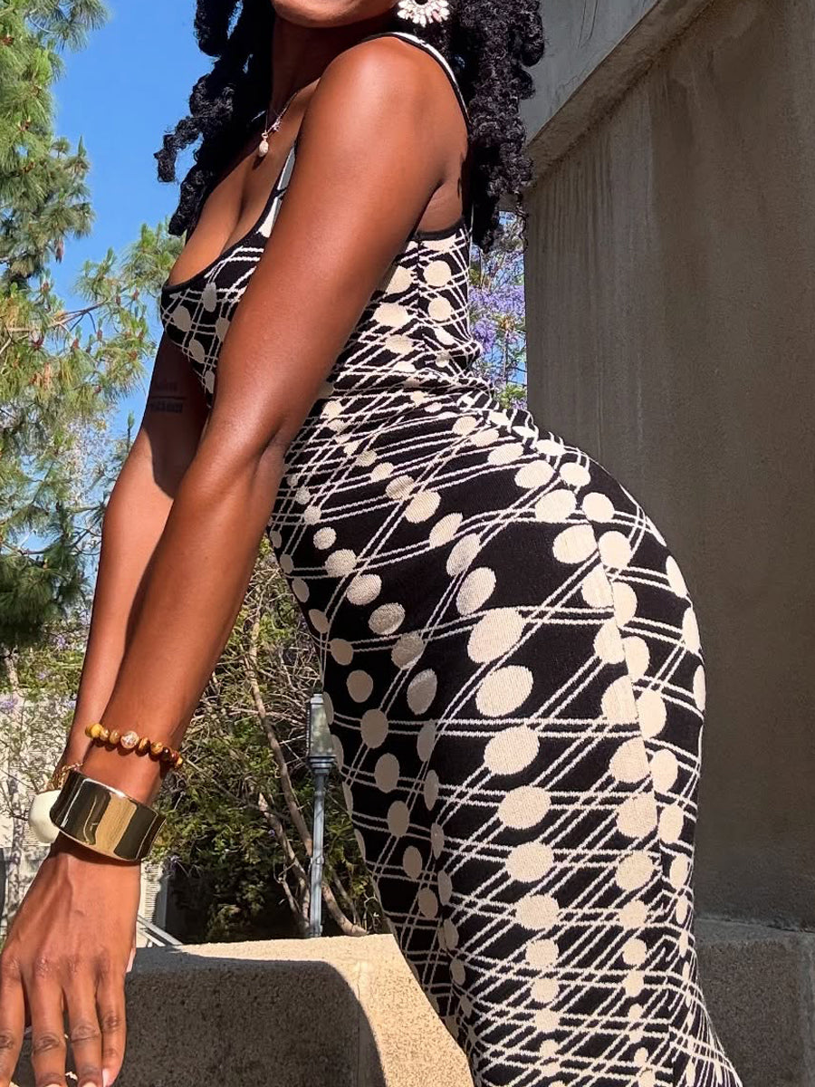 （Limited time offer 43$💥）Black & White Geometric - Print Bodycon Maxi Dress
