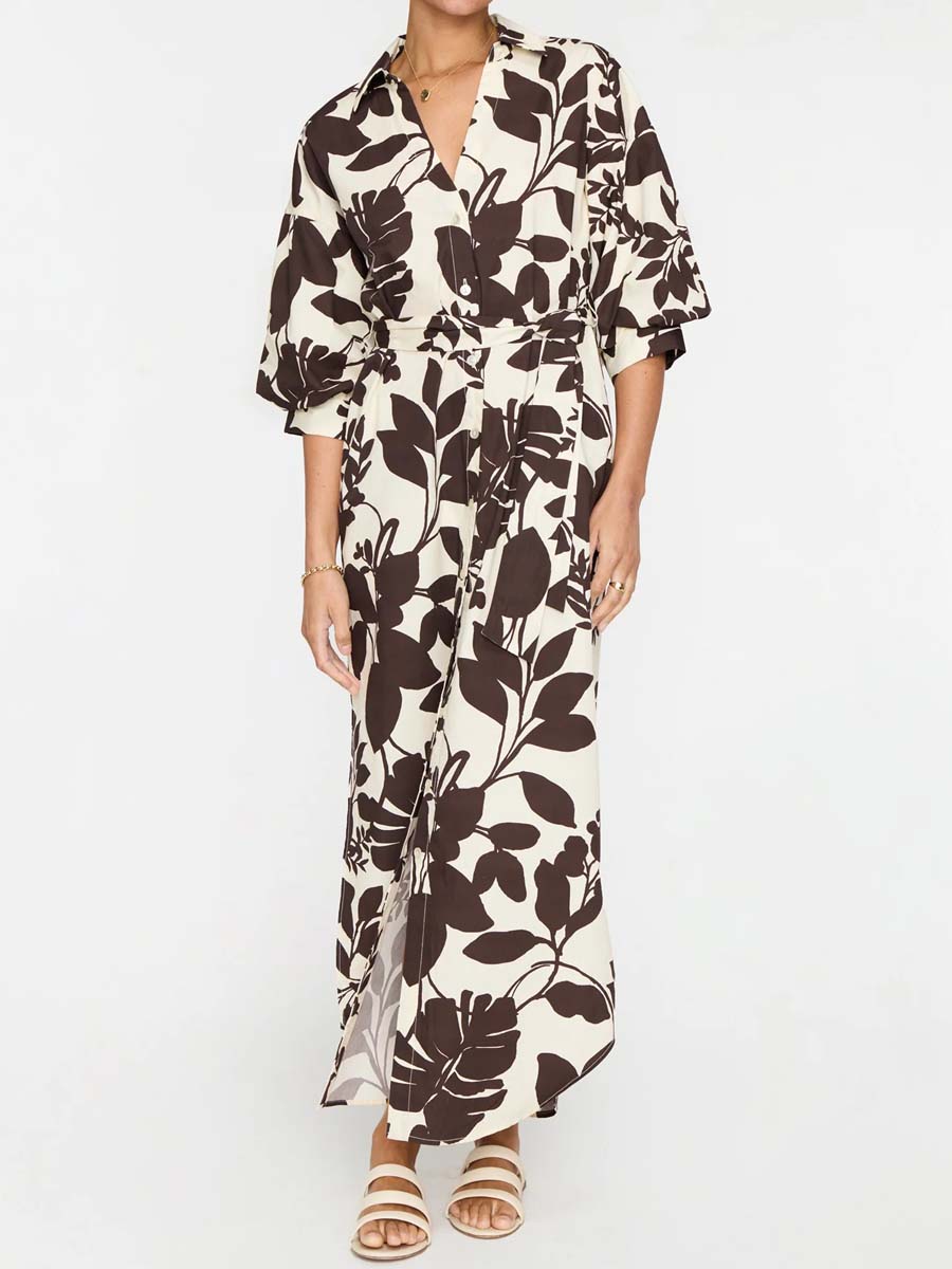 V Neck Slit Hem Printed Maxi Dress