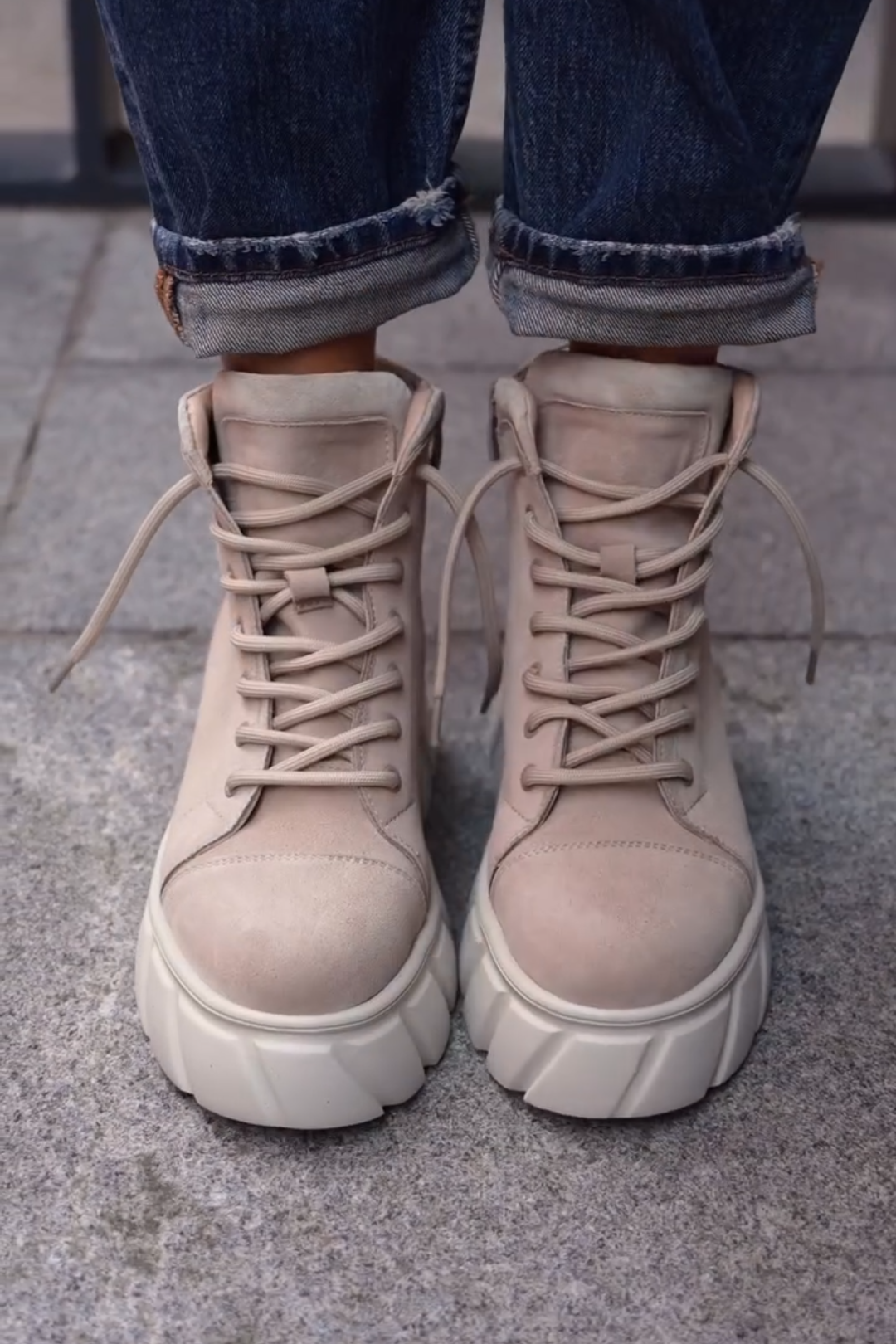 Beige Suede Chunky Platform Lace - Up Boots