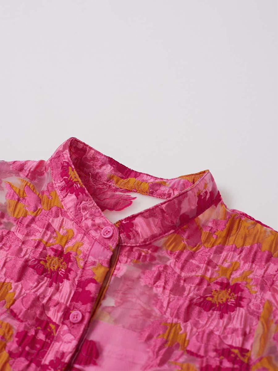 Floral Jacquard Puff Sleeves Organza Dress