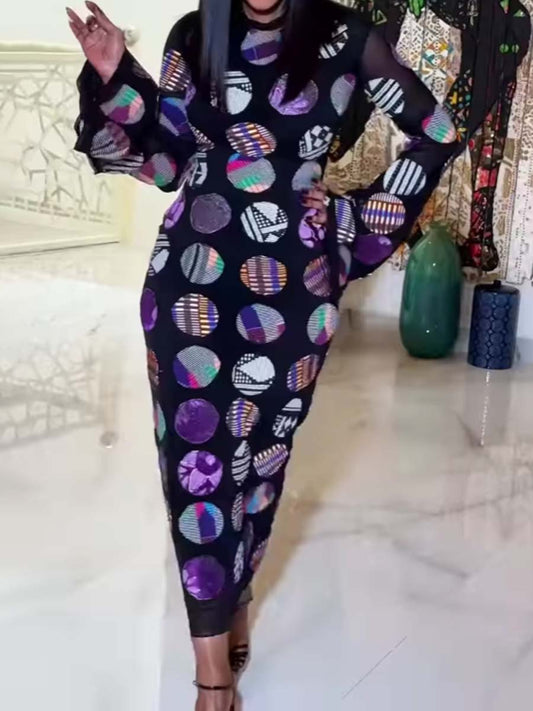 Printed Flare Sleeve Stretch Dress