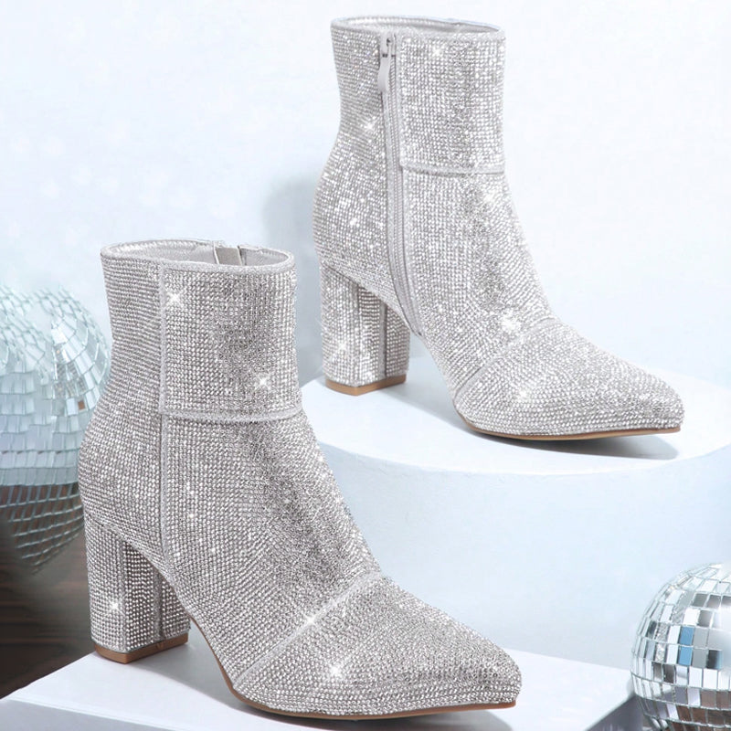 Sparking Rhinestone Chunky Heel Point-Toe Booties