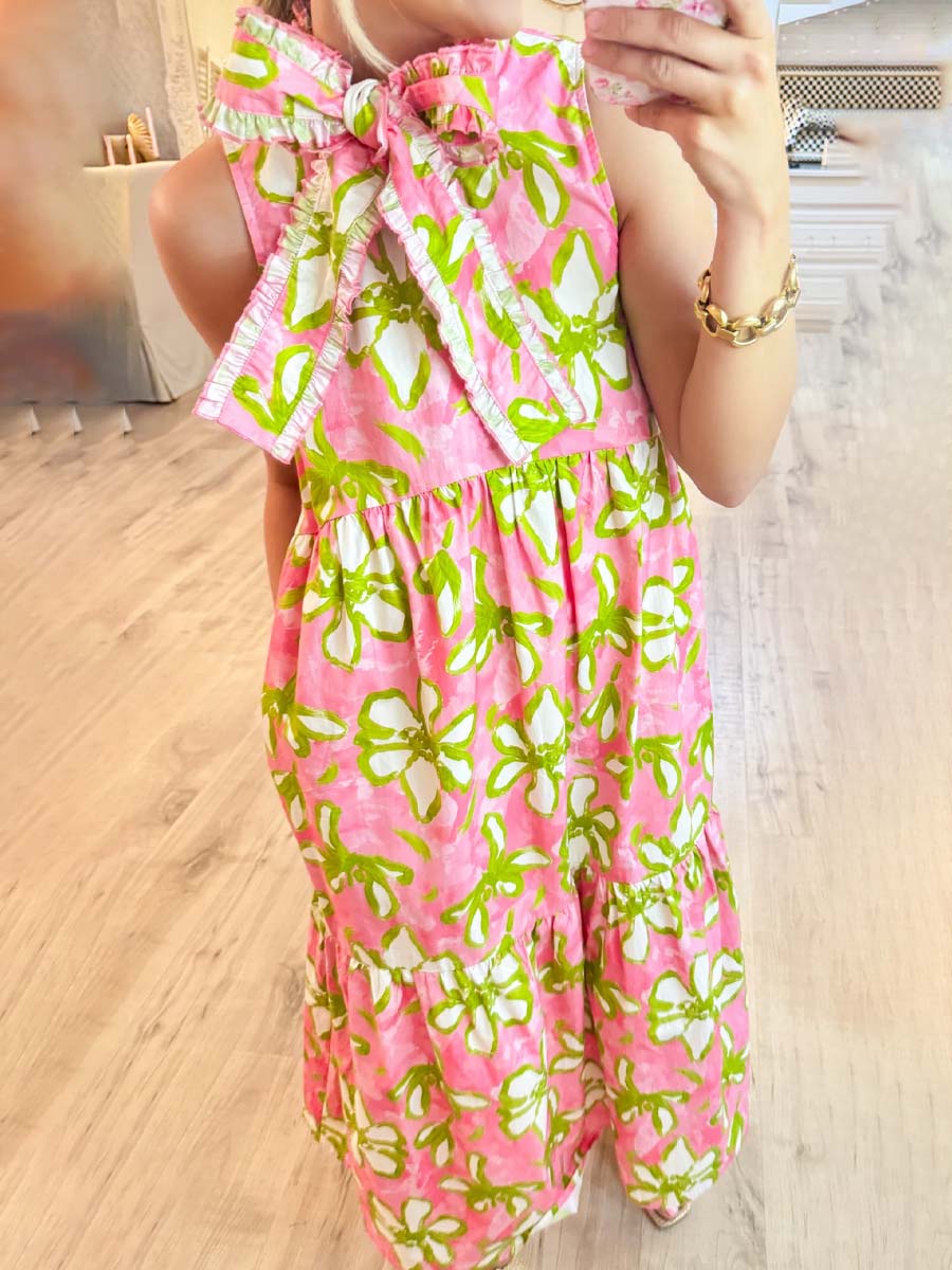 Flower Print Sleeveless Tiered Midi Dress