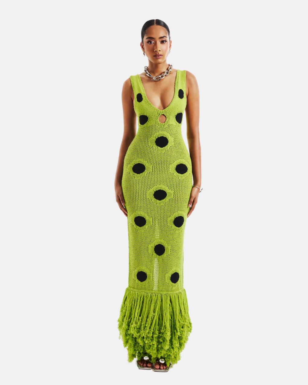 Fringe Hem Deep V Neck Cutout Dress