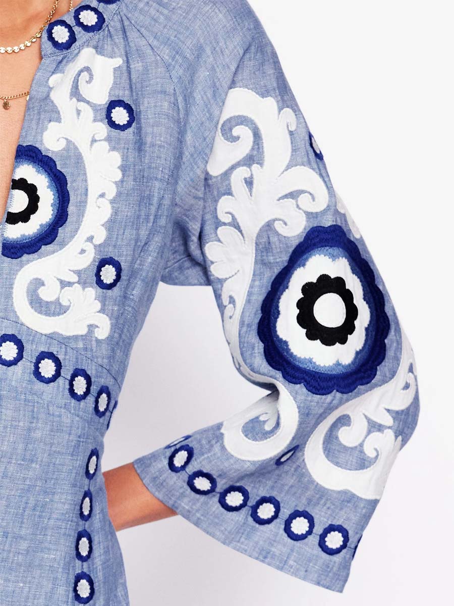 Split Neck Embroidered Maxi Dress