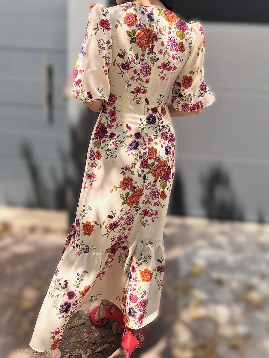 Knotted Printed Bubble Sleeve Dress