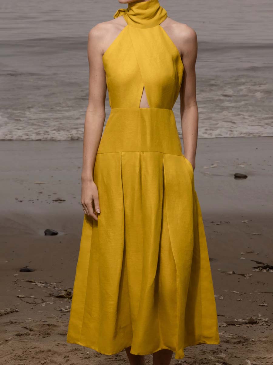 Scarf Collar Pockets Pleated Dress