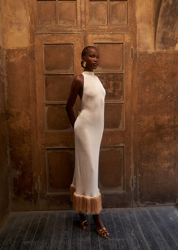 Halter Neck Open Back Fringe Hem Dress