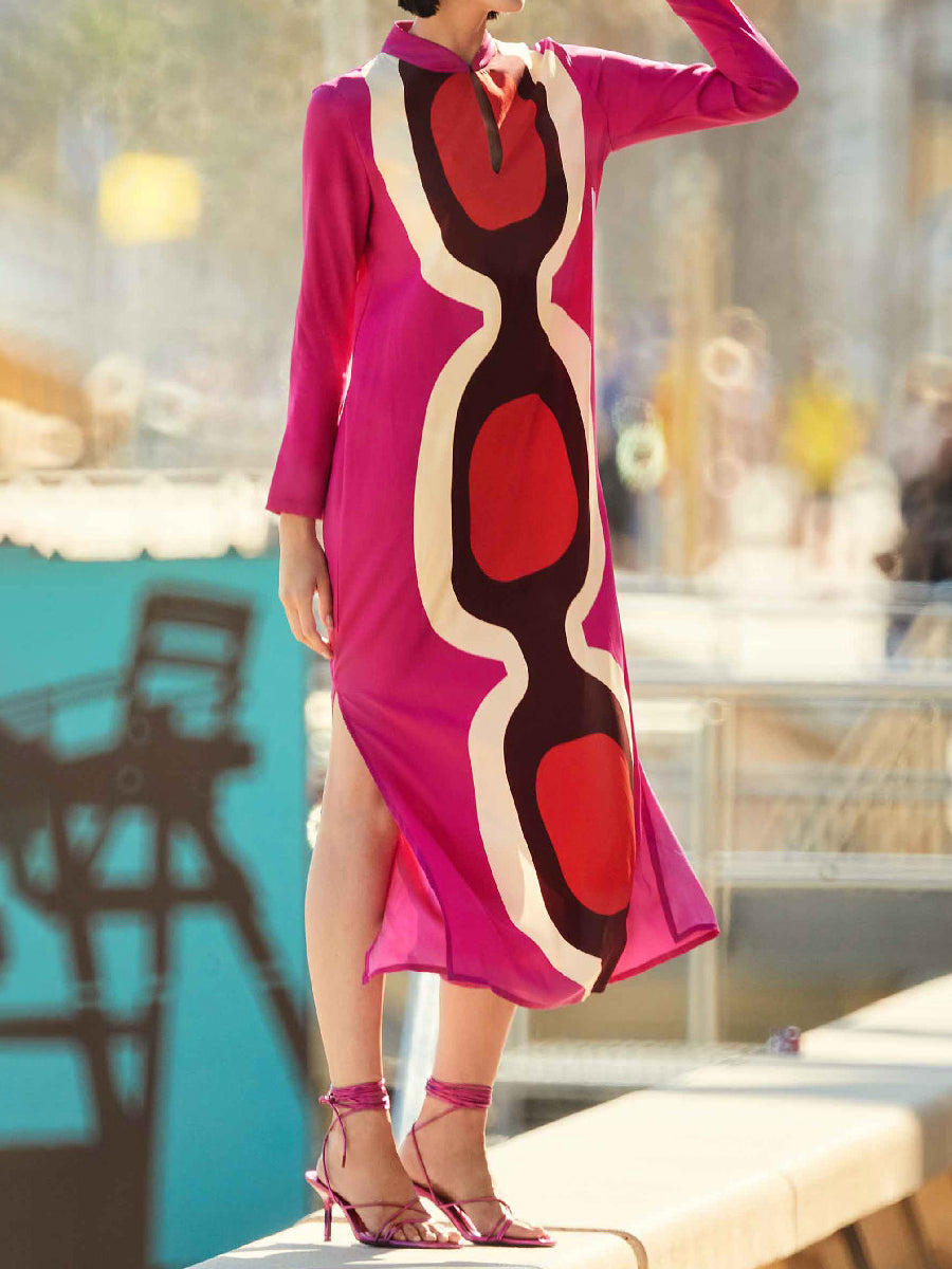 Placement Print Split Neck Slit Hem Dress