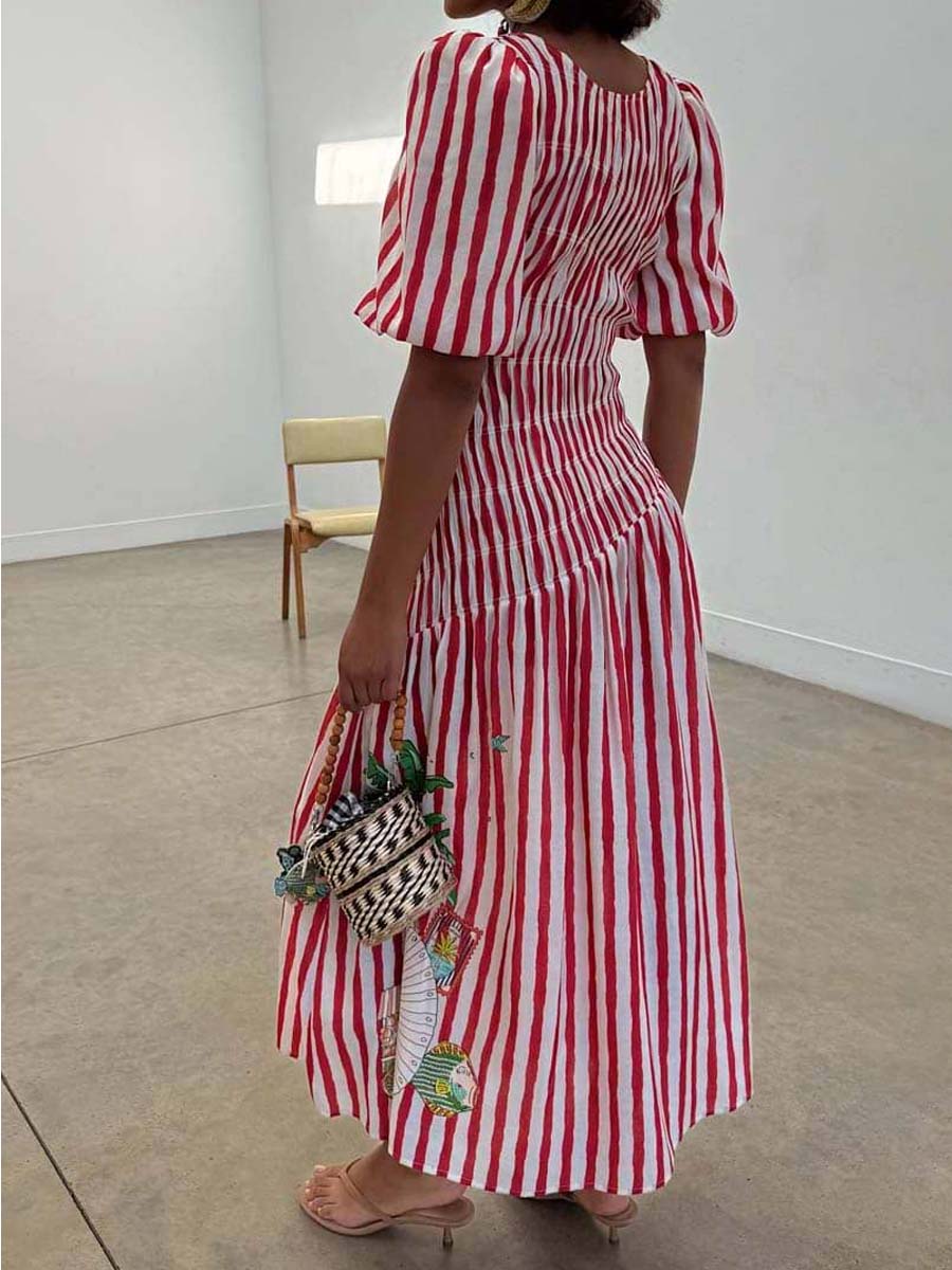 Elastic Shirring Tie Neck Dress