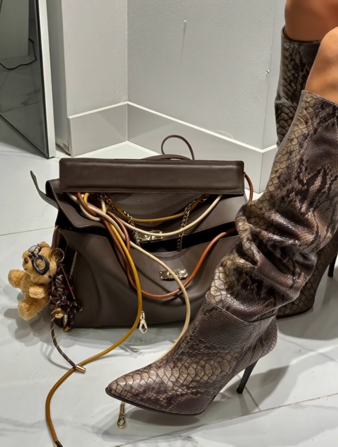 Brown Multi - Strap Tote with Teddy Charm