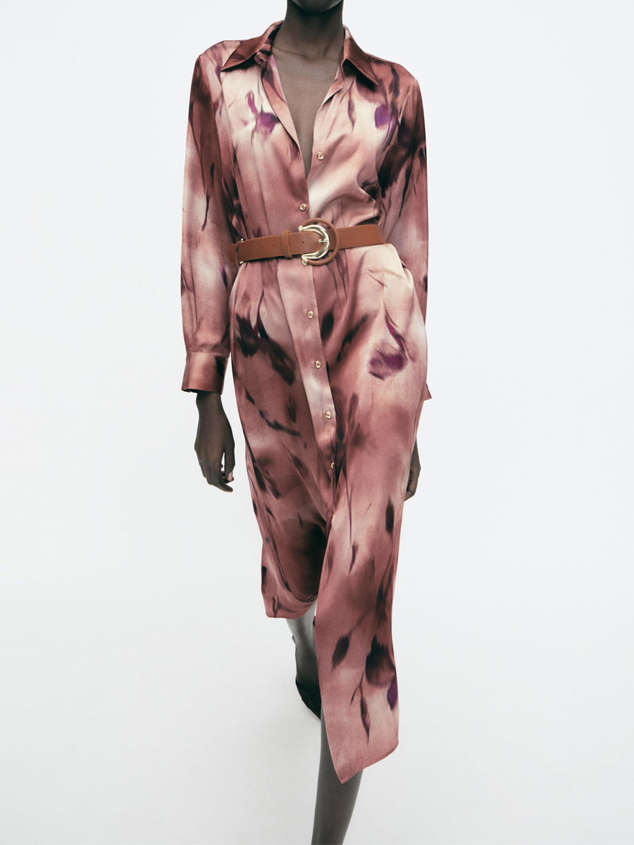 Printed Button Up Belted Midi Dress