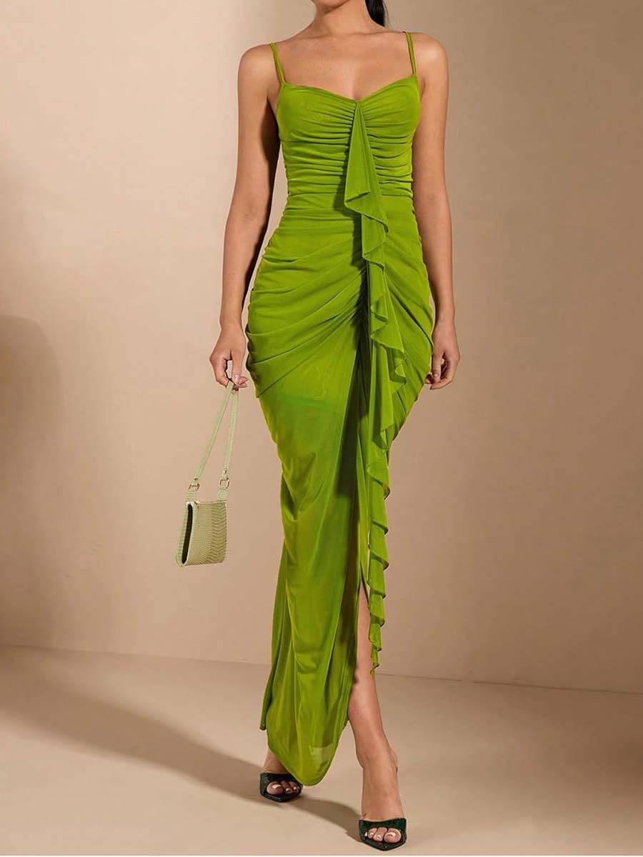 Ruffle Ruched Draped Split Maxi Dress