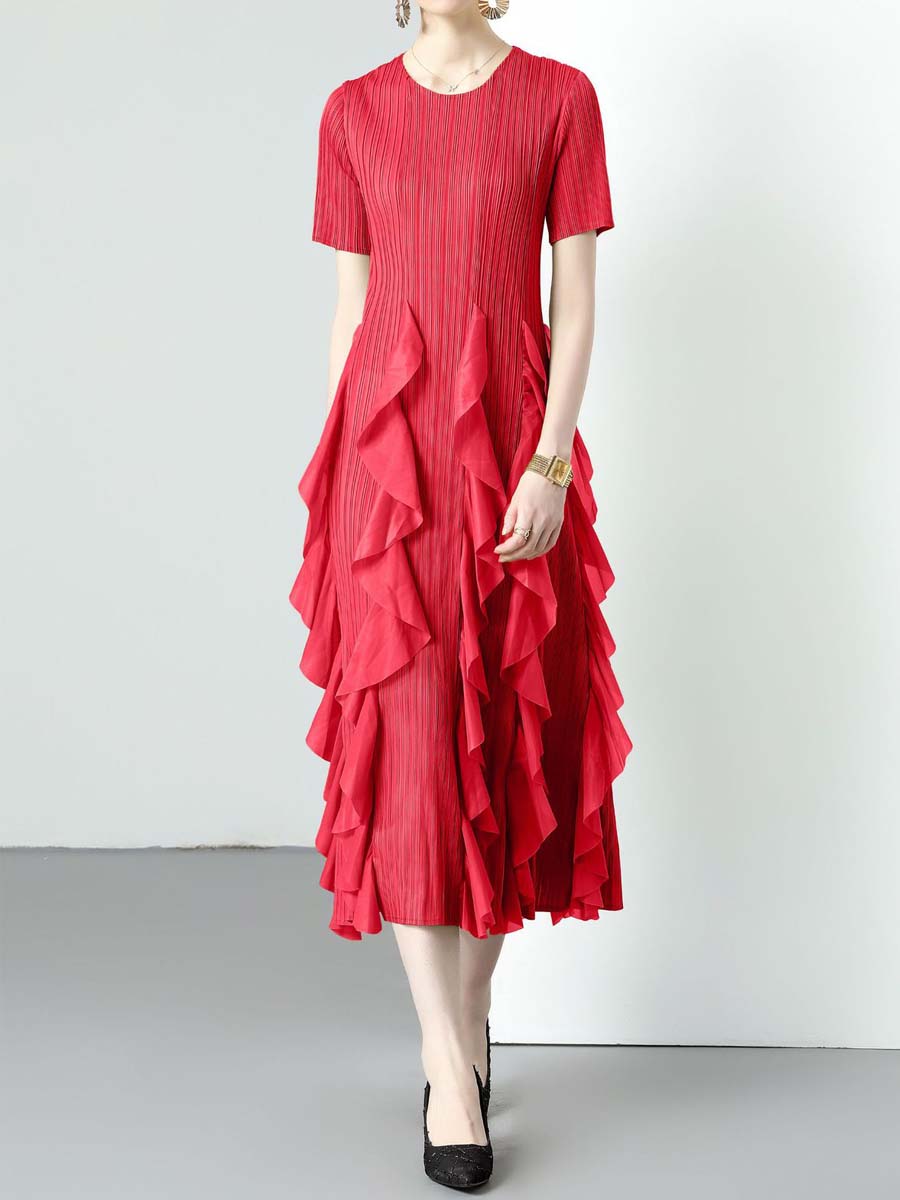 Ruffled Edges Round Neck High Waist Dress