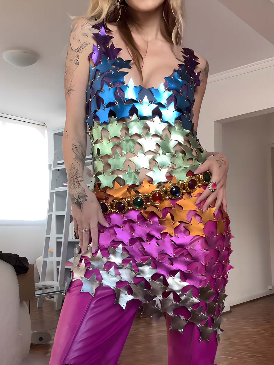 Multicolor Star Sequin Cutout Dress Top