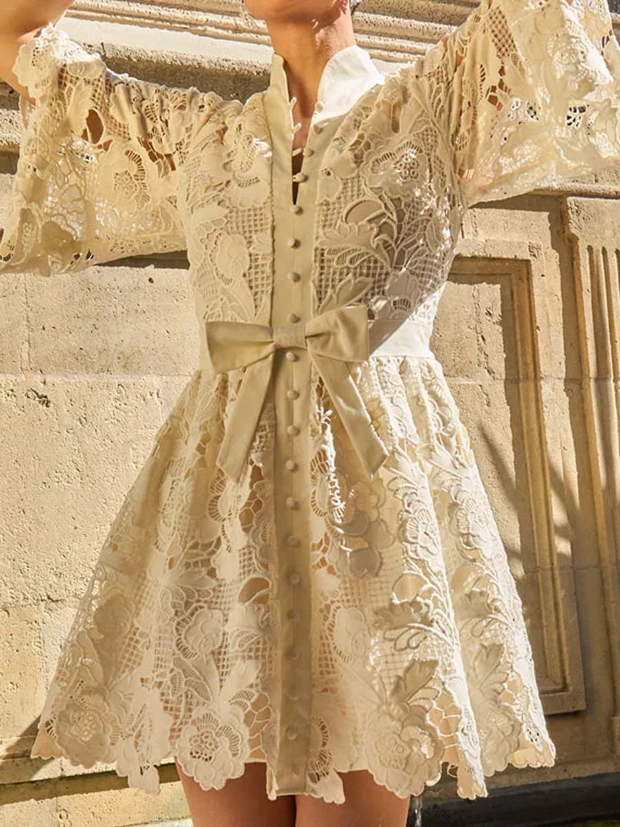 Elegant Lace Bow Mini Dress
