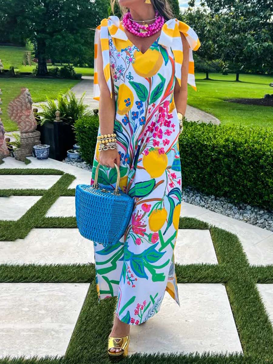 Printed V Neck Sling Dress