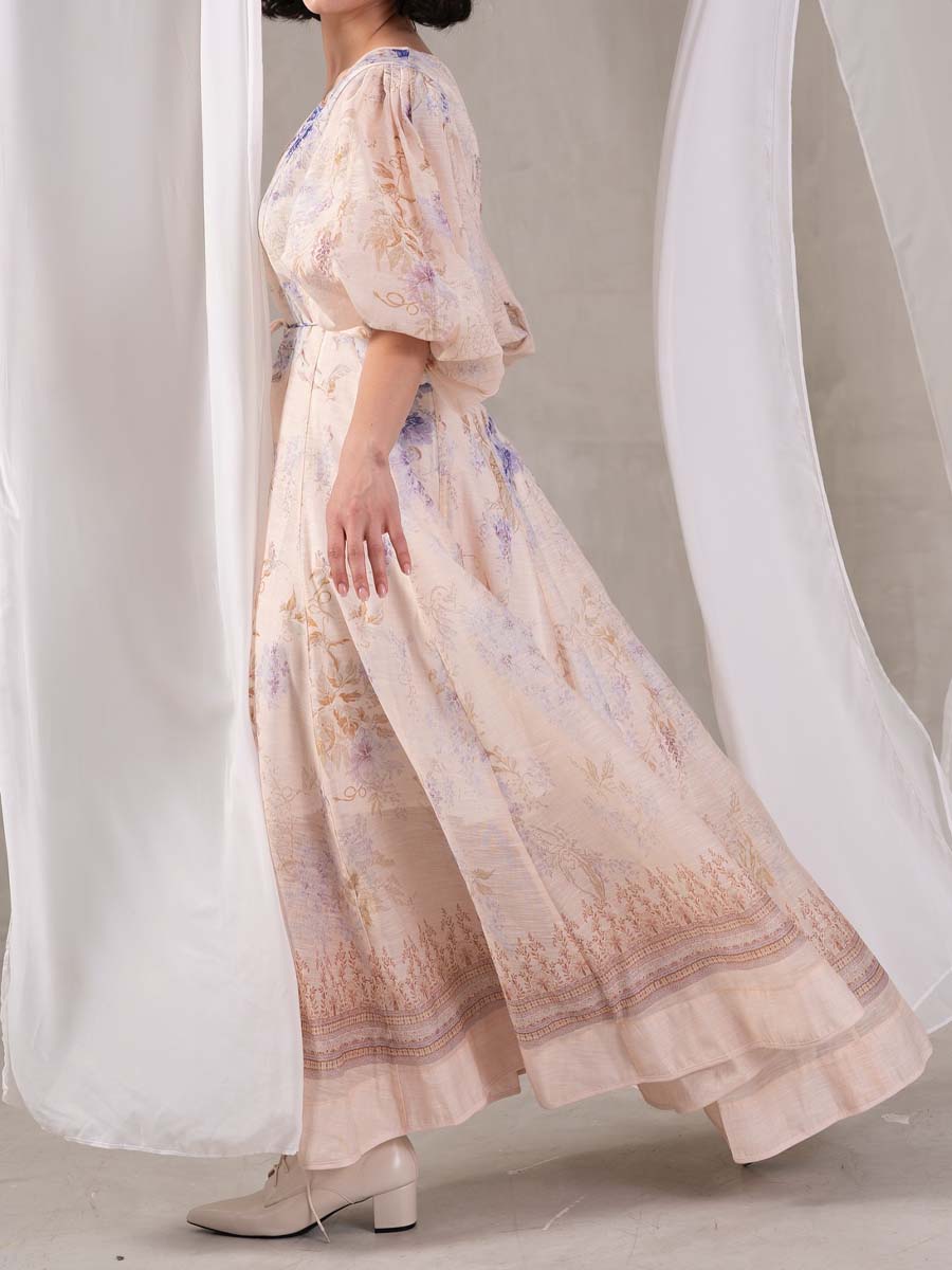 Elegant Printed V Neck Puff Sleeve Dress