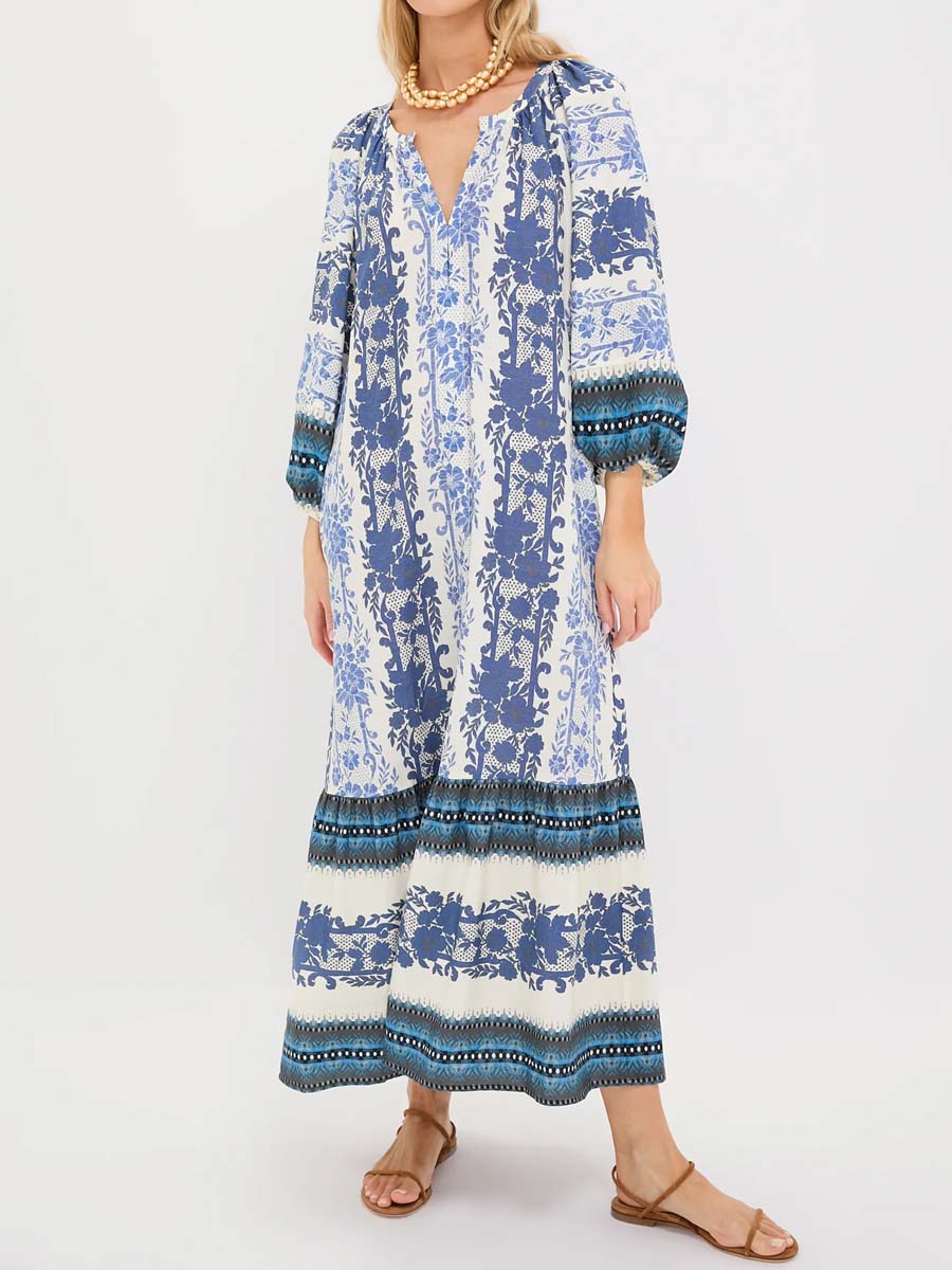 Split Neck Printed Long Slleve Mai Dress