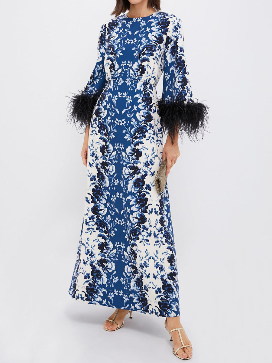 Feather Cuffs Printed Maxi Dress