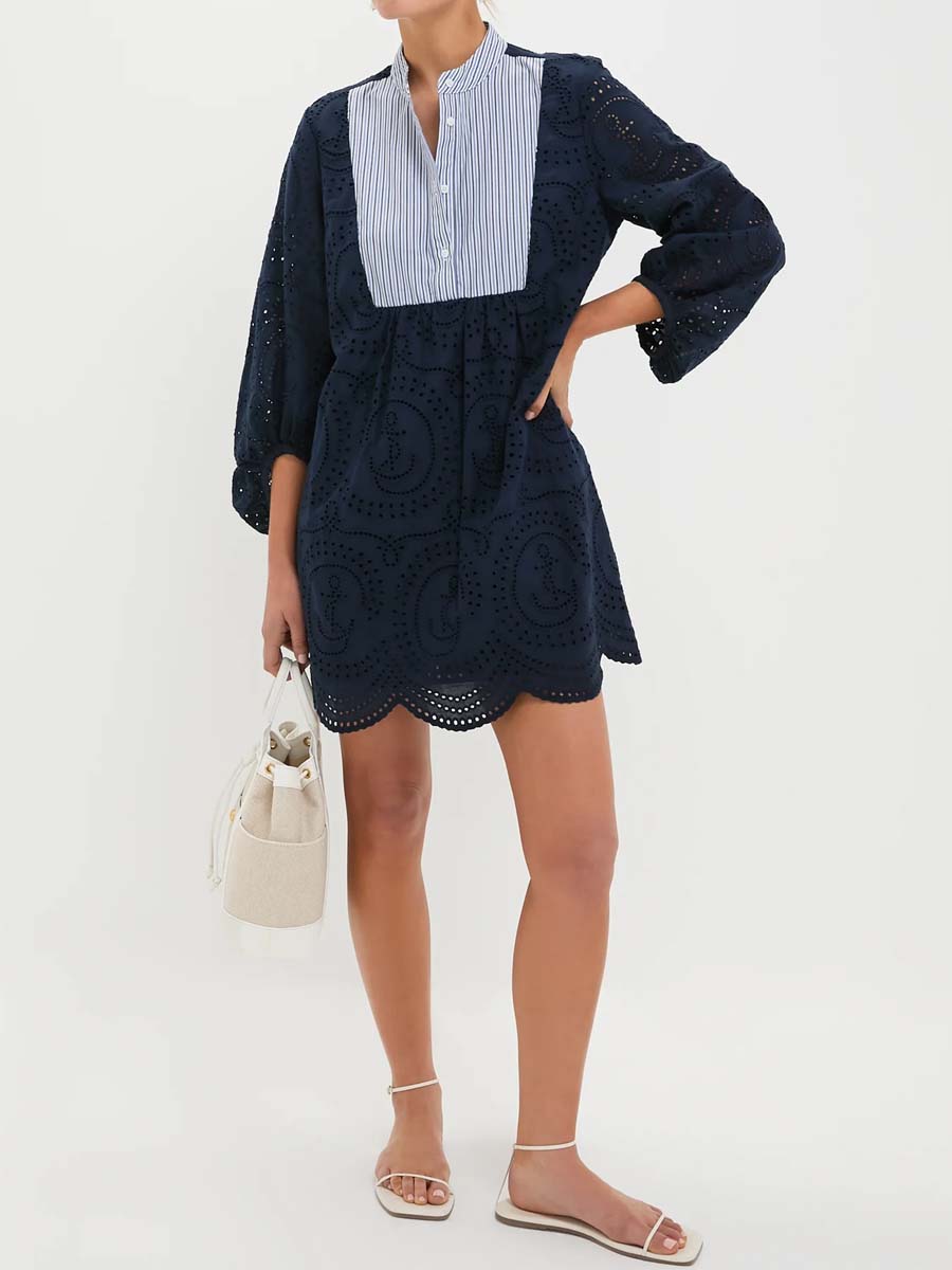 Mock Collar Patchwork Eyelet Mini Dress