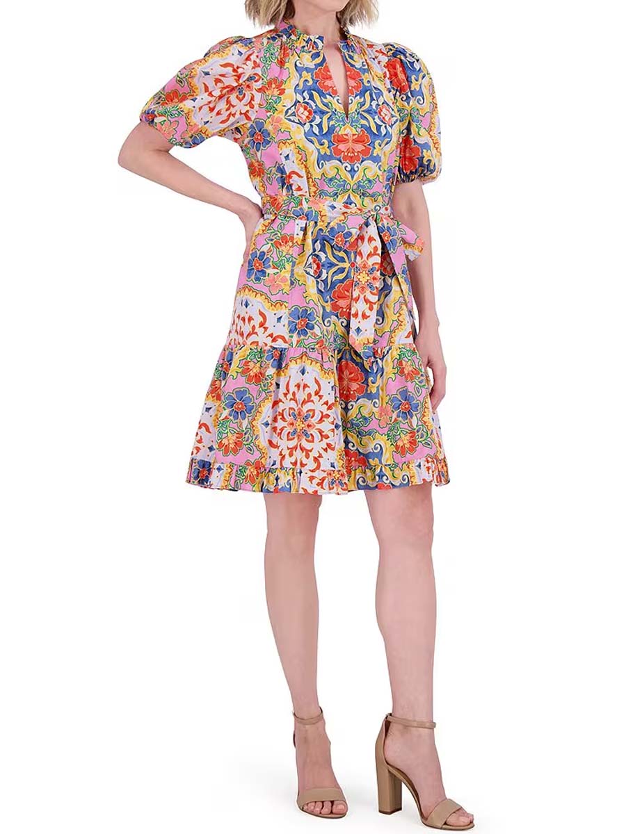 Floral Print V Neck Short Sleeve Tie Waist Dress