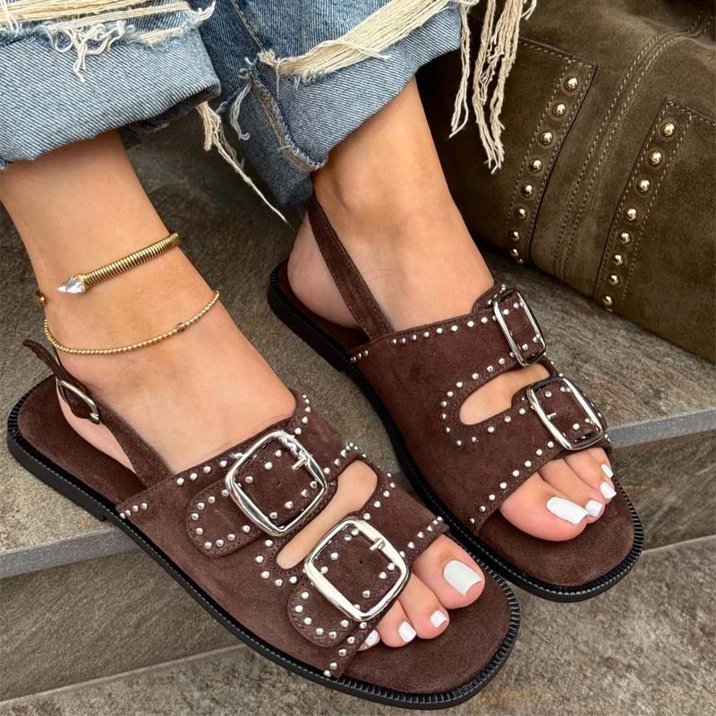 Studded Double Buckle Flat Sandals