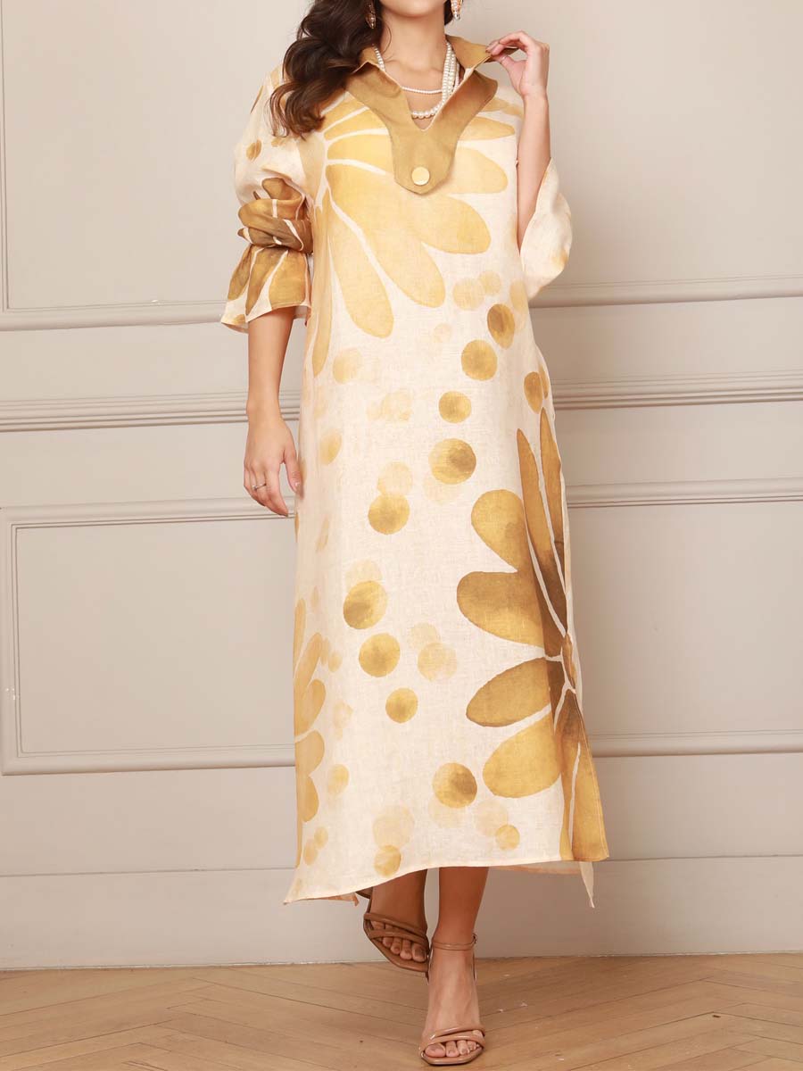 Printed Split Neck Slit Hem Loose Dress