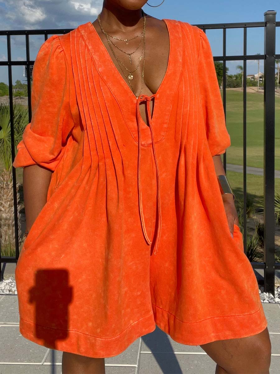 Pockets V Neck Pleated Romper