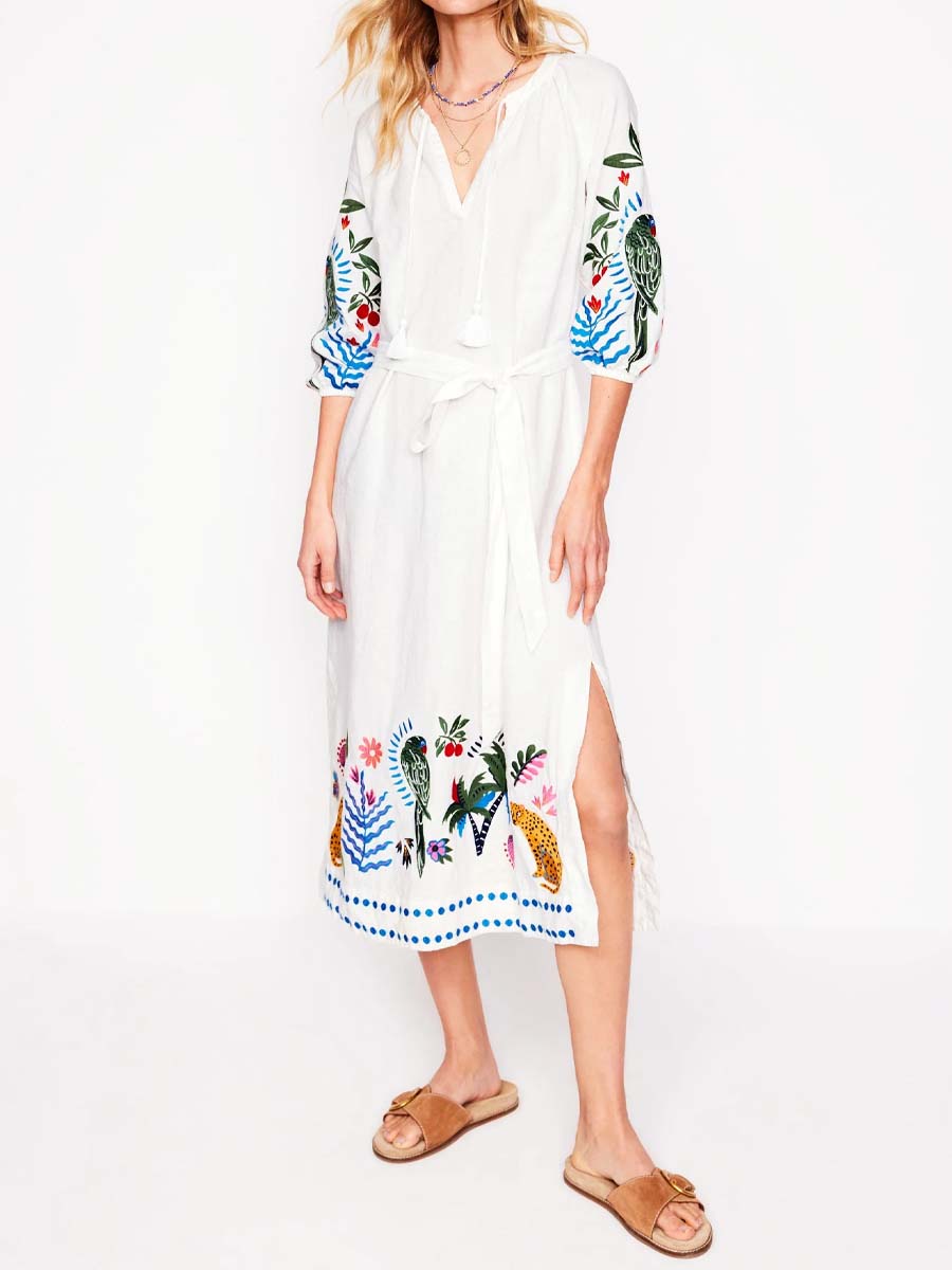 Embroidered V Neck Tassel Dress