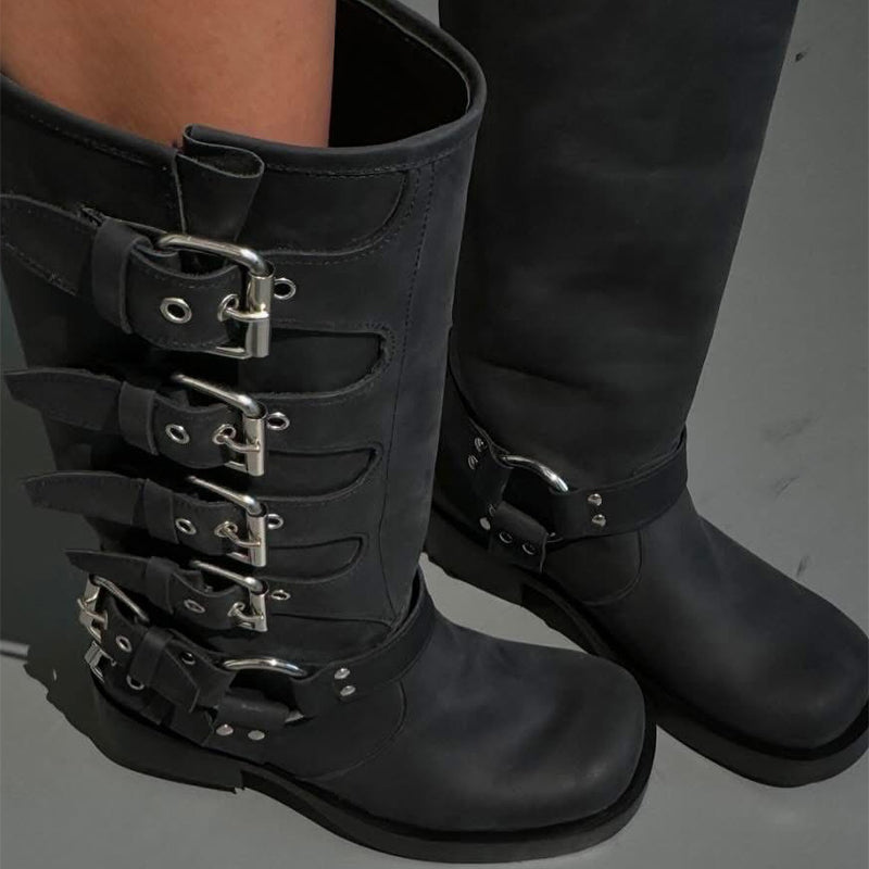 Buckle Square Heeled Knights Boots