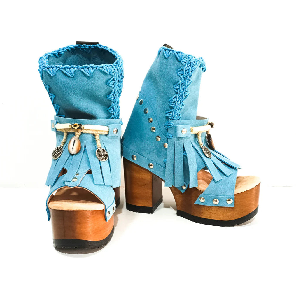 Blue Suede Fringe Platform Peep - Toe Boots