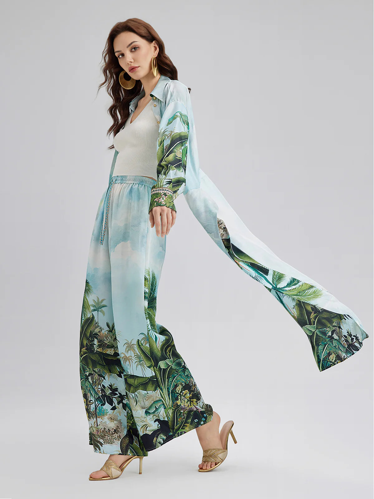 Tropical Print Shirt & Wide - Leg Pants Set
