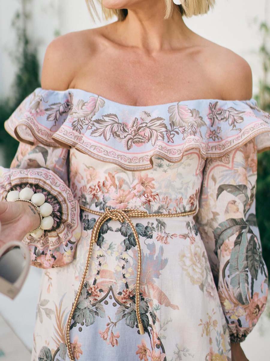 Printed Sexy Off Shoulder Lantern Sleeve Dress