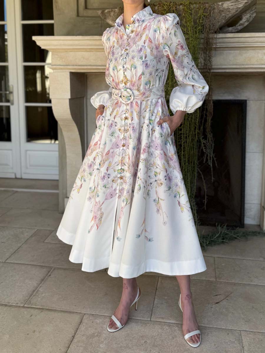 Single-breasted Placement Print Belted Dress