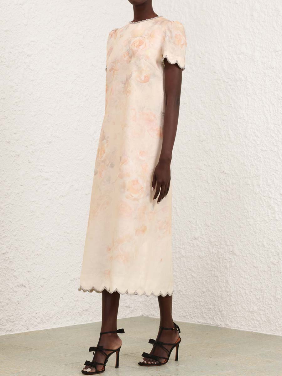 Placement Print Crystal Trims Midi Dress