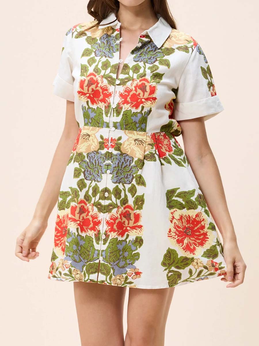 Printed Elastic Waist Short Sleeve Dress